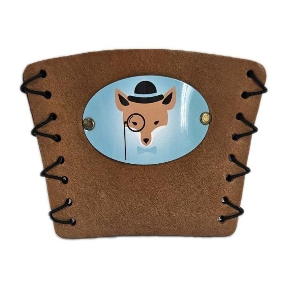 NOS Mr Fox top hat monocle metal plaque leather Beer Coozie 12 oz glass Gift USA
